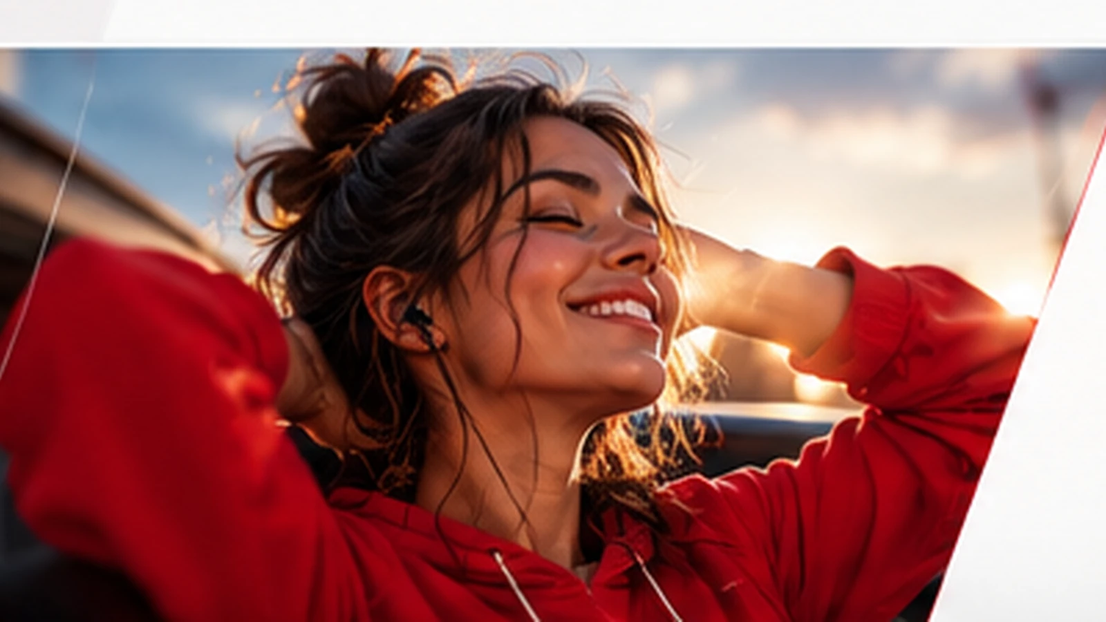 Imagem conceitual de uma jovem ouvindo música com fones e aproveitando a luz do sol