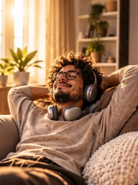 Imagem conceitual de uma jovem relaxando com fones de ouvido